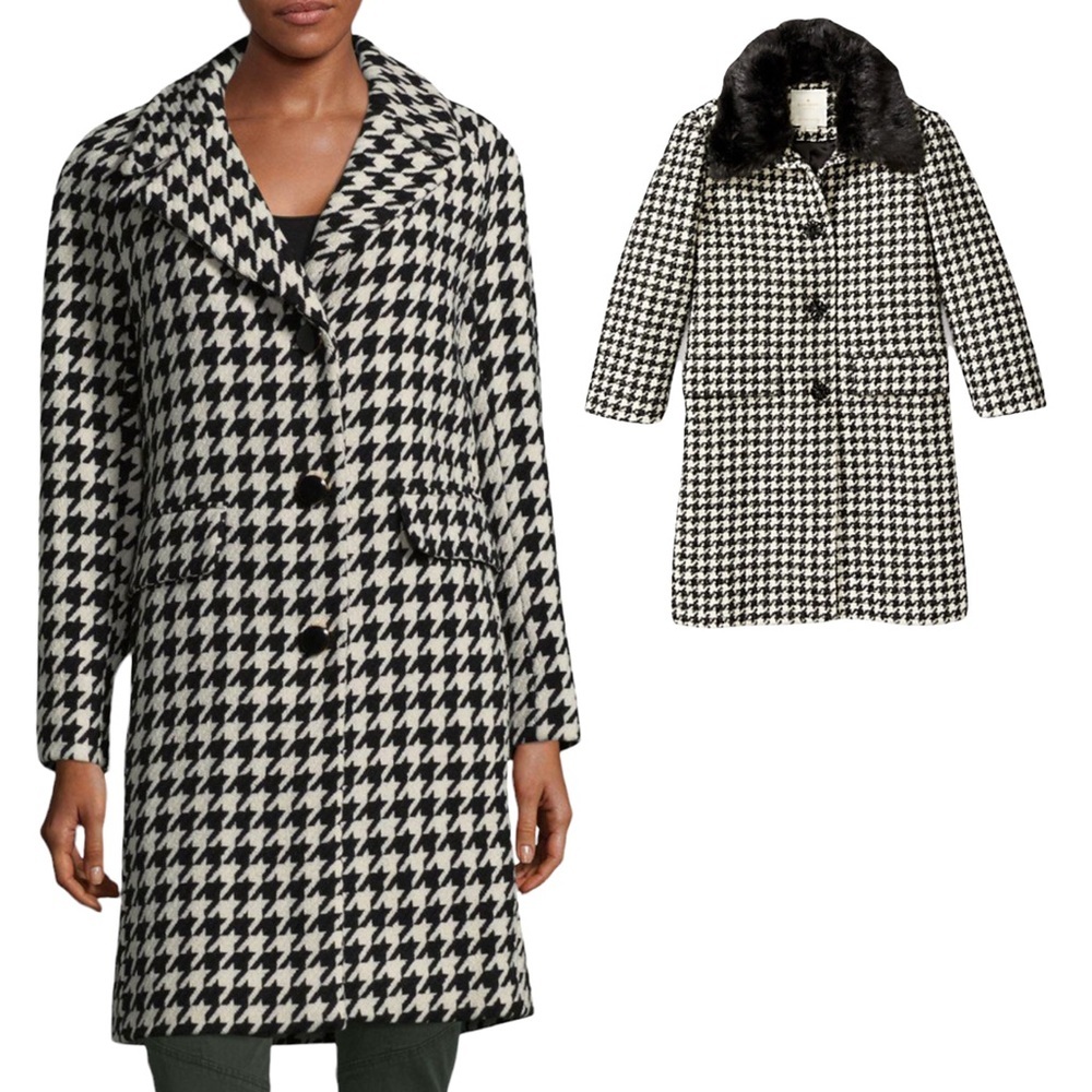 Kate Spade Faux Fur Houndstooth Coat. Black and cream long pea coat Size M NEW